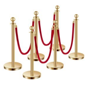 stanchions and velvet ropes 6pcs, hollow base with stainless steel post, 4 red velvet ropes and posts, crowd control barriers gold stanchions, red carpet runner poles for party supplies
