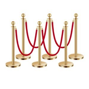 stanchions and velvet ropes 6pcs, hollow base with stainless steel post, 4 red velvet ropes and posts, crowd control barriers gold stanchions, red carpet runner poles for party supplies