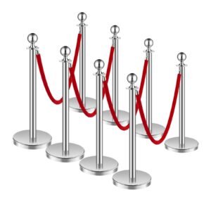 Stanchions and Velvet Ropes 8Pcs, Hollow Base with Stainless Steel Post, 4 Red Velvet Ropes and Posts, Crowd Control Barriers Silver Stanchions, Red Carpet Runner Poles for Party Supplies