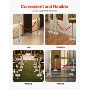 stanchions and velvet ropes 8pcs, hollow base with stainless steel post, 4 red velvet ropes and posts, crowd control barriers silver stanchions, red carpet runner poles for party supplies