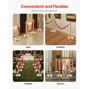 stanchions and velvet ropes 8pcs, hollow base with stainless steel post, 6 red velvet ropes and posts, crowd control barriers gold stanchions, red carpet runner poles for party supplies