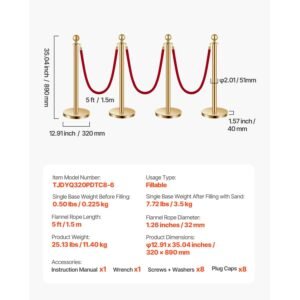 stanchions and velvet ropes 8pcs, hollow base with stainless steel post, 6 red velvet ropes and posts, crowd control barriers gold stanchions, red carpet runner poles for party supplies