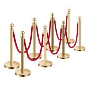 stanchions and velvet ropes 8pcs, hollow base with stainless steel post, 6 red velvet ropes and posts, crowd control barriers gold stanchions, red carpet runner poles for party supplies