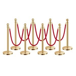 stanchions and velvet ropes 8pcs, hollow base with stainless steel post, 6 red velvet ropes and posts, crowd control barriers gold stanchions, red carpet runner poles for party supplies