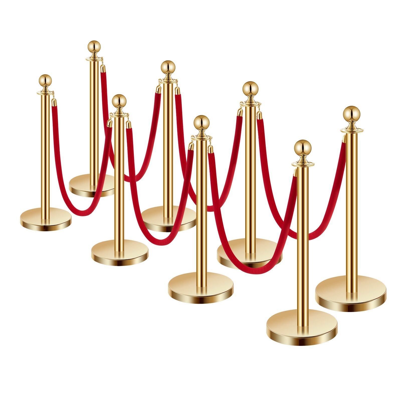 stanchions and velvet ropes 8pcs, hollow base with stainless steel post, 6 red velvet ropes and posts, crowd control barriers gold stanchions, red carpet runner poles for party supplies
