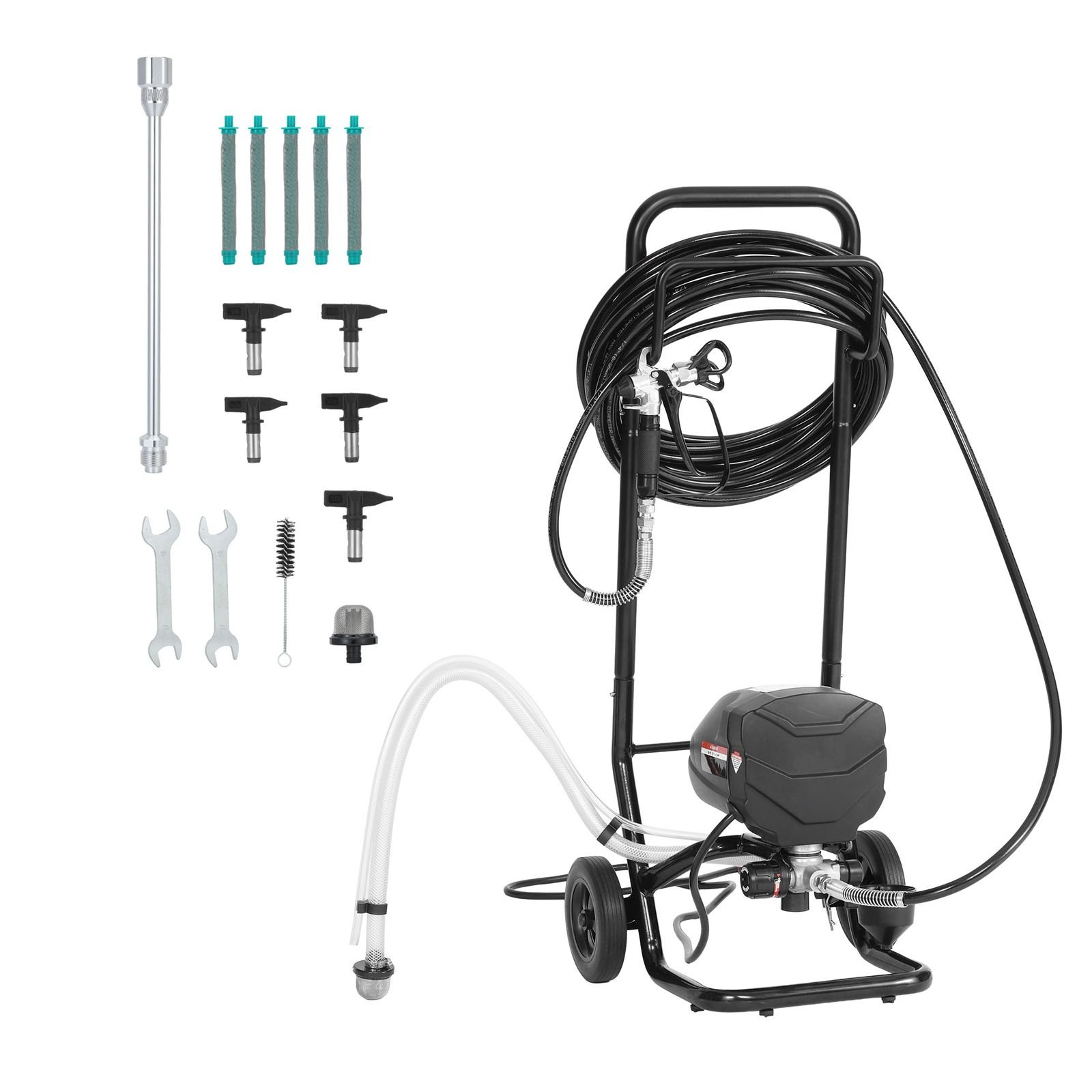 stand airless paint sprayer, 650w, 3000psi high pressure airless sprayer with cart, cleaning brush, hose, extension rod, nozzles, electric spray paint machine for house exterior and interior