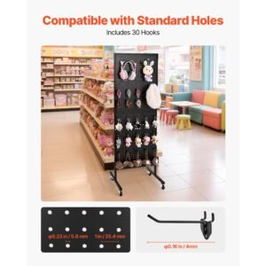 standing pegboard display, 23.6 x 63 in pegboard display stand with swivel casters and 30 hooks, thickened cold rolled steel peg board panel for grocery, retail store and jewelry shop, black