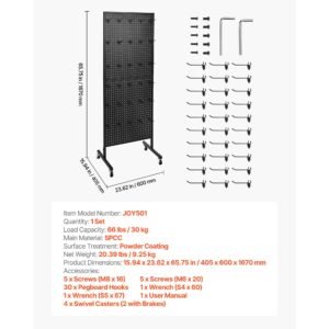 standing pegboard display, 23.6 x 63 in pegboard display stand with swivel casters and 30 hooks, thickened cold rolled steel peg board panel for grocery, retail store and jewelry shop, black