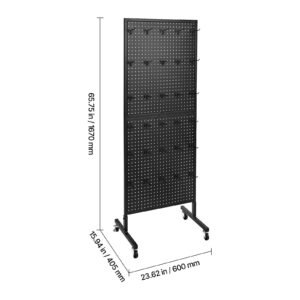 standing pegboard display, 23.6 x 63 in pegboard display stand with swivel casters and 30 hooks, thickened cold rolled steel peg board panel for grocery, retail store and jewelry shop, black