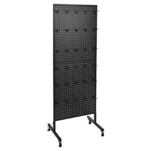 Standing Pegboard Display, 23.6 x 63 in Pegboard Display Stand with Swivel Casters and 30 Hooks, Thickened Cold-Rolled Steel Peg Board Panel for Grocery, Retail Store and Jewelry Shop, Black