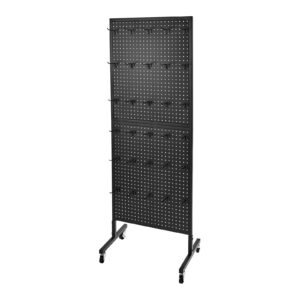 standing pegboard display, 23.6 x 63 in pegboard display stand with swivel casters and 30 hooks, thickened cold rolled steel peg board panel for grocery, retail store and jewelry shop, black