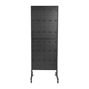 standing pegboard display, 23.6 x 63 in pegboard display stand with swivel casters and 30 hooks, thickened cold rolled steel peg board panel for grocery, retail store and jewelry shop, black