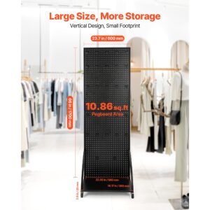 standing pegboard display with base plate, 23.7 x 66 in pegboard display stand with casters and 30 hooks, thickened cold rolled steel peg board panel for retail store and jewelry shop, black