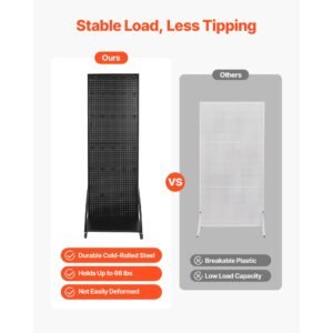 standing pegboard display with base plate, 23.7 x 66 in pegboard display stand with casters and 30 hooks, thickened cold rolled steel peg board panel for retail store and jewelry shop, black