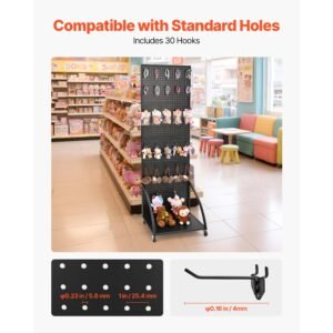 standing pegboard display with base plate, 23.7 x 66 in pegboard display stand with casters and 30 hooks, thickened cold rolled steel peg board panel for retail store and jewelry shop, black