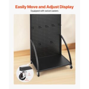 standing pegboard display with base plate, 23.7 x 66 in pegboard display stand with casters and 30 hooks, thickened cold rolled steel peg board panel for retail store and jewelry shop, black