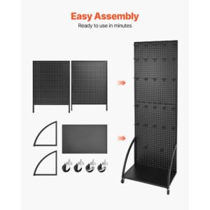 standing pegboard display with base plate, 23.7 x 66 in pegboard display stand with casters and 30 hooks, thickened cold rolled steel peg board panel for retail store and jewelry shop, black