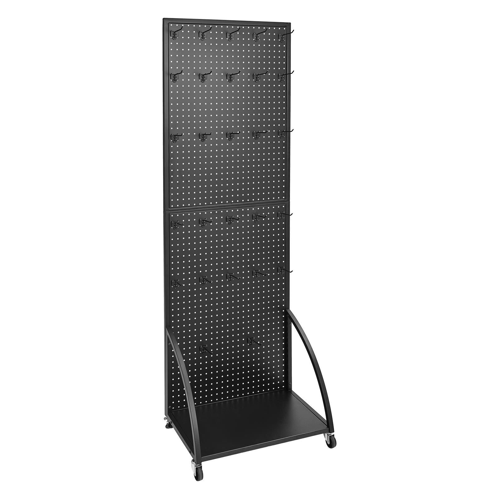 standing pegboard display with base plate, 23.7 x 66 in pegboard display stand with casters and 30 hooks, thickened cold rolled steel peg board panel for retail store and jewelry shop, black