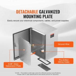 steel electrical box, 16"x 12"x 6", 304 stainless steel electrical enclosure box, wall mounted outdoor electrical electronic equipment enclosure with mounting plate hinges lock, ip66 waterproof