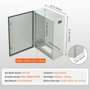 steel electrical box, 27.6 x 19.7 x 9.8 in, cold rolled steel electrical enclosure box, wall mounted outdoor electronic equipment enclosure with mounting plate, hinges, lock, ip66 waterproof