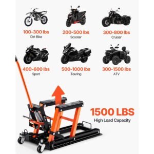 steel hydraulic motorcycle jack stand, 1500 lbs atv scissor lift jack, 4.7" 15" scissor lift jack stand with 4 wheels, hydraulic foot operated hoist stand for motorcycle atv utv powersports
