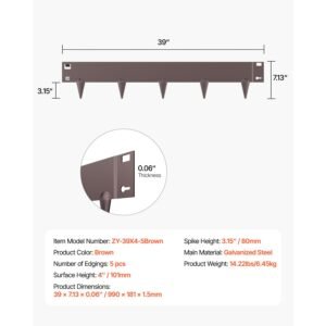 steel landscape edging, 5 packs 39 x 4 in rust resistant metal landscape edging, bendable garden edging border, heavy duty lawn edging, easy to install, flower bed yard pathway divider brown