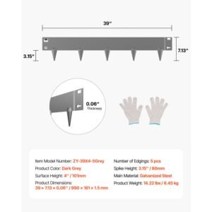 steel landscape edging, 5 packs 39 x 4 in rust resistant metal landscape edging, bendable garden edging border, heavy duty lawn edging, easy to install, flower bed yard pathway divider dark gray