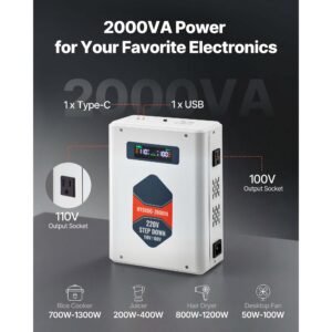 step down voltage converter, 2000va, heavy duty voltage power converter, 220v to 110v power transformer, with 2 us outlets, usb output, lcd display, temperature protection, for 110v appliances