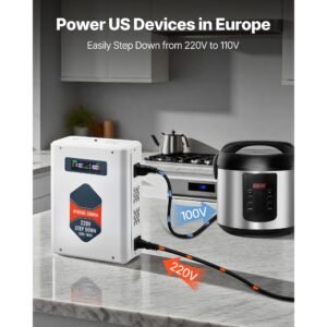 step down voltage converter, 2000va, heavy duty voltage power converter, 220v to 110v power transformer, with 2 us outlets, usb output, lcd display, temperature protection, for 110v appliances