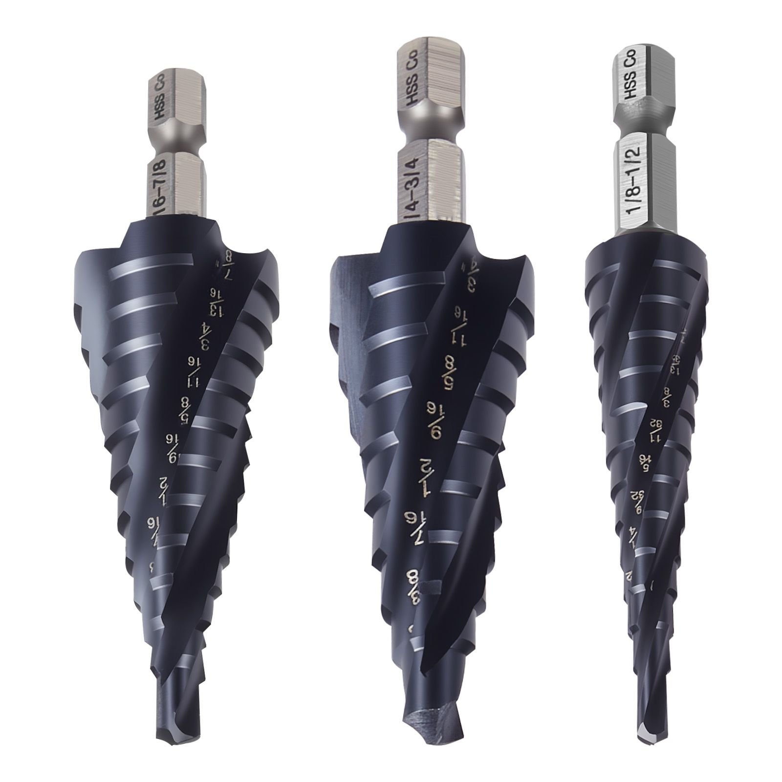 step drill bit set, 1/8 7/8 inch, 3 pieces step drill bits, 1/4 inch hex shank, tialn coating cobalt hss high speed steel, for metal, stainless steel, aluminum, wood, plastic, fiberglass