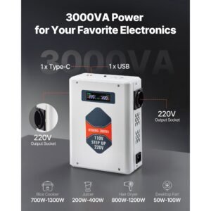 step up voltage converter, 3000va, heavy duty voltage power converter, 110v to 220v power transformer, with 2 eu outlets, usb output, lcd display, temperature protection, for 220v appliances