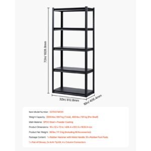 storage shelves, 2000 lbs, 5 tier garage storage shelving, 16" d x 32" w x 72" h adjustable metal shelves for garage shelves utility rack shelf, ideal for kitchen, warehouse, basement, black