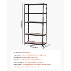 storage shelves, 2000 lbs, 5 tier garage storage shelving, 16" d x 36" w x 71.4" h adjustable metal shelves for garage shelves utility rack shelf, ideal for kitchen, warehouse, basement, black