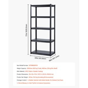 storage shelves, 2000 lbs, 5 tier garage storage shelving, 18" d x 32" w x 72" h adjustable metal shelves for garage shelves utility rack shelf, ideal for kitchen, warehouse, basement, black