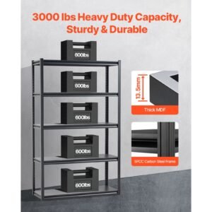 storage shelves, 3000 lbs, 5 tier garage storage shelving, 18" d x 48" w x 78" h adjustable metal shelves for garage shelves utility rack shelf, ideal for kitchen, warehouse, basement, black