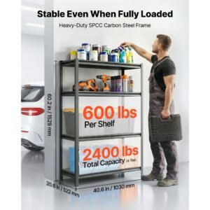storage shelves, 4 tier adjustable, 2400 lbs capacity, heavy duty garage storage shelving unit, metal utility rack shelf, for garage workshop warehouse basement, 40.55" w x 20.55" d x 60.2" h
