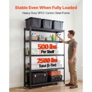 storage shelves, 5 tier adjustable, 2500 lbs capacity, heavy duty garage storage shelving unit, metal utility rack shelf, for garage warehouse basement kitchen, 48.43" w x 18.31" d x 71.38" h