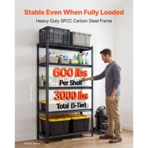 storage shelves, 5 tier adjustable, 3000 lbs capacity, heavy duty garage storage shelving unit, metal utility rack shelf, for garage warehouse basement kitchen, 36.42" w x 16.42" d x 71.38" h
