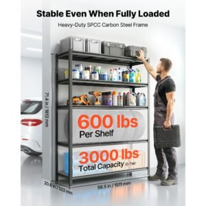 storage shelves, 5 tier adjustable, 3000 lbs capacity, heavy duty garage storage shelving unit, metal utility rack shelf, for garage workshop warehouse basement, 59.49" w x 20.55" d x 71.38" h