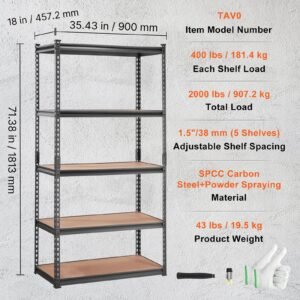 storage shelving unit, 5 tier adjustable, 2000 lbs capacity, heavy duty garage shelves metal organizer utility rack, black, 35" l x 18" w x 71" h for kitchen pantry basement bathroom laundry