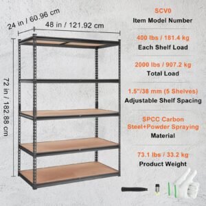 storage shelving unit, 5 tier adjustable, 2000 lbs capacity, heavy duty garage shelves metal organizer utility rack, black, 48" l x 24" w x 72" h for kitchen pantry basement bathroom laundry