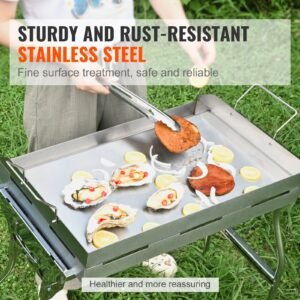 stove top griddle, 23.5"x16" pre seasoned stainless steel griddle, rectangular double burner griddle pan, non stick family pan cookware with handles and oil groove, for bbq, gas grills, silver