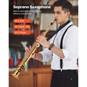 straight soprano saxophone, b flat, brass saxophone beginner kit with carrying case, mouthpiece, cleaning cloth rod, gloves, neck strap, 23 keys soprano sax kit, for beginners students, gold