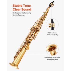 straight soprano saxophone, b flat, brass saxophone beginner kit with carrying case, mouthpiece, cleaning cloth rod, gloves, neck strap, 23 keys soprano sax kit, for beginners students, gold