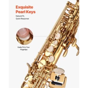straight soprano saxophone, b flat, brass saxophone beginner kit with carrying case, mouthpiece, cleaning cloth rod, gloves, neck strap, 23 keys soprano sax kit, for beginners students, gold