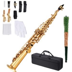 Straight Soprano Saxophone, B Flat, Brass Saxophone Beginner Kit with Carrying Case, Mouthpiece, Cleaning Cloth Rod, Gloves, Neck Strap, 23 Keys Soprano Sax Kit, for Beginners Students, Gold