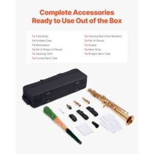 straight soprano saxophone, b flat, brass saxophone beginner kit with carrying case, mouthpiece, cleaning cloth rod, gloves, neck strap, 23 keys soprano sax kit, for beginners students, gold