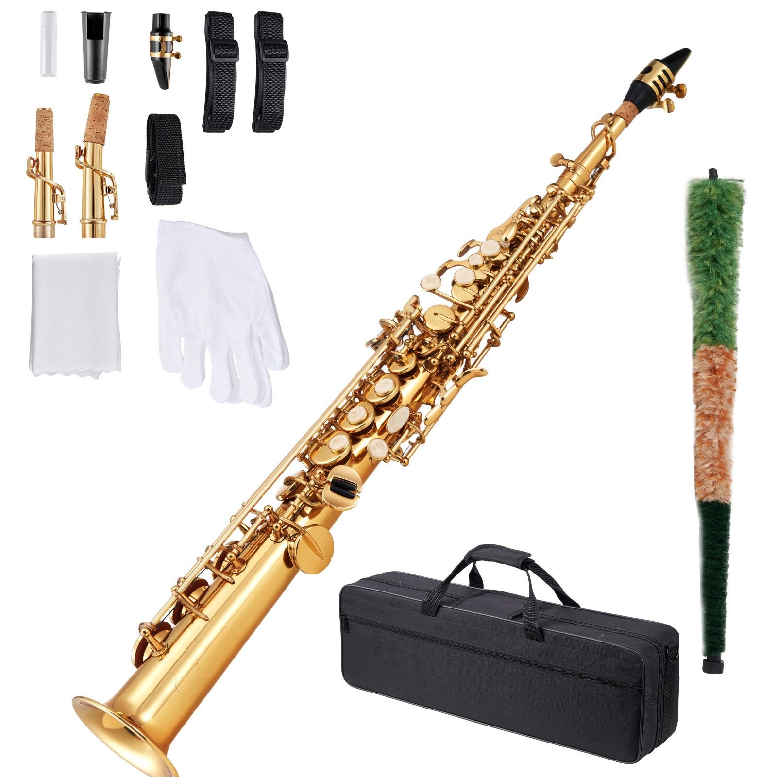 straight soprano saxophone, b flat, brass saxophone beginner kit with carrying case, mouthpiece, cleaning cloth rod, gloves, neck strap, 23 keys soprano sax kit, for beginners students, gold