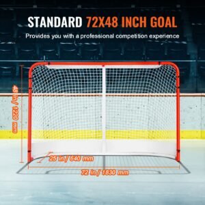 street hockey net, indoor outdoor steel hockey goal, official regulation pro hockey training goal set, portable hockey goal with net, easy assemble, 72" x 48", white/red