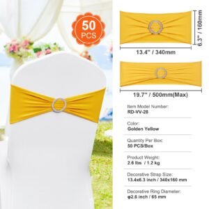stretch spandex chair sashes, chair slipcover and stretch chair sash with round buckle, elastic chair bands, fitting wedding, holiday, banquet, party chair decoration (50 pcs golden yellow)
